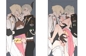 1girl 2boys anal blonde_hair boy_sandwich brown_hair coat commentary_request cramped dal-gi double_penetration faceless faceless_female female_saniwa_(touken_ranbu) french_kiss green_hair group_sex hetero higekiri_(touken_ranbu) highres hizamaru_(touken_ranbu) japanese_clothes kimono kiss korean_commentary mmf_threesome multiple_boys orange_eyes pink_kimono saliva saliva_trail sandwiched saniwa_(touken_ranbu) short_hair stuck_in_a_box suspended_congress threesome touken_ranbu vaginal