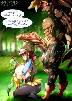 ! !! 1boy 1girl alpha_pokemon bastioned_nest blue_eyes breast_press breasts breasts_out brown_hair double_bun english_text gen_4_pokemon hair_bun hug huge_breasts huge_penis huge_testicles leafeon long_hair lopunny muscular muscular_male nintendo partially_undressed penis pokemon pokemon_(creature) pokephilia rosa_(pokemon) scared size_difference speech_bubble testicles veins veiny_penis veiny_testicles