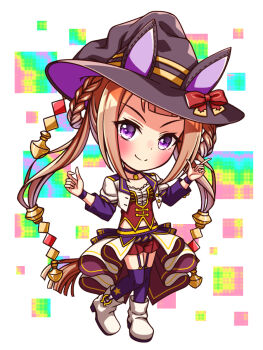 1girl animal_ears blush bodice boots bow braid braided_hair_rings breasts brown_hair chibi chibi_only choker closed_mouth collarbone commentary_request corset cropped_jacket ear_bow ear_covers full_body garter_straps hair_rings hat hat_with_ears highres horse_ears horse_girl horse_tail jacket long_hair long_sleeves looking_at_viewer midriff_peek navel overskirt pendant_choker purple_choker purple_eyes purple_garter_straps purple_thighhighs red_corset red_shorts shirt shorts small_breasts smile solo star_(symbol) starting_future_(umamusume) sugimotty_nova sweep_tosho_(umamusume) tail thighhighs trimmed_tail twintails umamusume umapyoi_densetsu white_boots white_jacket white_shirt witch_hat wristband