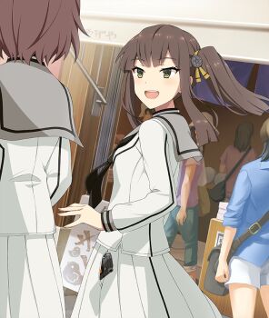 Rule 34 | 6+girls, :d, ayanokouji martial arts school uniform, bag, black bag, black neckerchief, blue shirt, blunt ends, breasts, brown bag, brown hair, dot nose, double-parted bangs, dress, dutch angle, game cg, green eyes, green pants, grey sailor collar, hair ornament, hair ribbon, handbag, indoors, long hair, long sleeves, looking at another, machine, multiple girls, neckerchief, official art, open mouth, pants, purple shirt, railing, red shirt, ribbon, sailor collar, school uniform, serafuku, shirt, short hair, shorts, side ponytail, sidelocks, small breasts, smile, suzumoto hana, third-party source, toji no miko, toji no miko: kizamishi issen no tomoshibi, white dress, white serafuku, white shirt, white shorts, yellow ribbon