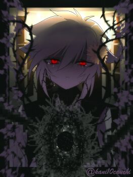 Rule 34 | 1boy, alternate eye color, basil (headspace) (omori), basil (omori), blonde hair, closed mouth, collared shirt, commentary request, crying, crying with eyes open, double-parted bangs, flower, hair between eyes, hair flower, hair ornament, highres, kauchi (kani10cauchi), looking at viewer, male focus, omori, plant, red eyes, shirt, short sleeves, sidelocks, solo, sweater vest, tears, thorns, twitter username, upper body, vines, white shirt