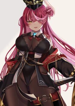 Rule 34 | 1girl, absurdres, black bodysuit, black hat, black jacket, black leotard, blush, bodysuit, breasts, cleavage, colored inner hair, double bun, hair bun, hair over one eye, hat, heterochromia, highres, hololive, honnoshioriii, houshou marine, houshou marine (marching band), jacket, large breasts, leotard, looking at viewer, multicolored hair, o-ring, o-ring thigh strap, official alternate costume, open mouth, pink hair, pink streaks, red eyes, red hair, shako cap, smile, solo, streaked hair, thigh strap, virtual youtuber, yellow eyes