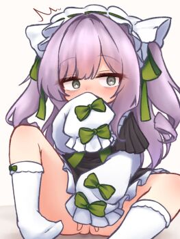 1girl absurdres azur_lane black_dress blush bow commentary_request constricted_pupils covering_own_mouth dress green_bow green_ribbon grey_eyes hair_ribbon highres kneehighs long_hair long_sleeves looking_at_viewer no_shoes purple_hair ribbon shoboimu sleeves_past_fingers sleeves_past_wrists socks solo spread_legs two_side_up vittorio_cuniberti_(azur_lane) white_socks