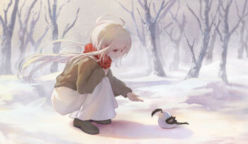 1girl absurdres ahoge alu_(alu51242421) bare_tree bird brown_shoes brown_sweater closed_mouth commentary_request enpera from_side full_body highres loafers long-tailed_tit long_hair long_skirt long_sleeves looking_at_animal open_hand original outdoors red_eyes red_scarf scarf shoes skirt smile snow snowing solo squatting sweater tit_(bird) tree very_long_hair white_hair white_skirt winter