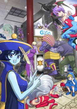 3boys 6+girls :q ;q alternate_color ancient_egyptian animal_ears animal_feet animal_hands animal_print antenna_hair apple apron arthropod_girl b.b._hood bandages bare_shoulders basket bat_(animal) bat_print bat_wings bee_girl belt bishamon_(darkstalkers) black_belt black_coat black_gloves black_jacket black_pants black_shoes blonde_hair blue_capelet blue_dress blue_eyes blue_hair blue_pantyhose blue_shoes blue_skin blue_sleeves bolt_(hardware) bomb boots bracelet breasts building capelet cat_ears cat_girl cat_paws cat_tail china_dress chinese_clothes city cleavage_cutout closed_mouth clothing_cutout coat colored_skin comedic_sweatdrop commentary_request copyright_name crack darkstalkers day demitri_maximoff demon_boy demon_girl detached_sleeves dress explosive felicia_(darkstalkers) feral_instincts fingerless_gloves flat_chest flying flying_sweatdrops food fruit gigo gloves green_pants green_shoes grey_hair grey_skin hand_in_pocket hat head_wings high_heels highres holding holding_basket holding_bomb hood hood_up hooded_capelet hsien-ko index_finger_raised insect_girl insect_wings jacket jedah_dohma jewelry jon_talbain leotard lit_fuse long_hair looking_at_viewer looking_to_the_side lord_raptor medium_breasts midnight_bliss morrigan_aensland mouse_(animal) multiple_boys multiple_girls muscular muscular_male object_through_head ofuda ofuda_on_head one_eye_closed open_mouth outdoors pants pantyhose picnic_basket ponytail print_pantyhose purple_capelet purple_dress purple_eyes purple_hair purple_shoes purple_skin pushing qingdai_guanmao red_boots red_eyes red_leotard revealing_clothes rf-yuki rikuo_(darkstalkers) sasquatch_(darkstalkers) screw_in_head shoes short_hair sign sleeveless sleeveless_dress sleeveless_jacket smile squatting stairs standing stinger stitched_arm stitches stomach_cutout strapless strapless_leotard suitcase tail tongue tongue_out vampire_savior:_the_lord_of_vampire very_long_hair walking white_apron white_shoes wings