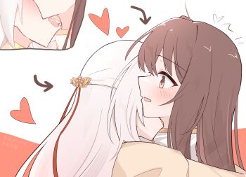 2girls absurdres arrow_(symbol) biting blush brown_eyes brown_hair commentary_request dress fang heart highres long_hair luliam_santamagia multiple_girls muryoku_seijo_to_munou_oujo neck_biting open_mouth shiyan_ying skin_fang tamura_nana white_hair yellow_dress yuri