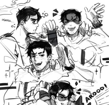 1boy 33yun beowulf_(skullgirls) closed_eyes commentary english_commentary facial_hair highres male_focus multiple_views muscular muscular_male open_mouth pectorals pelt short_hair simple_background skullgirls smile solo stubble suspenders teeth white_background