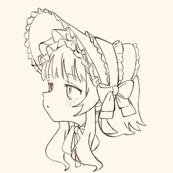 Rule 34 | 1girl, blush, bonnet, bow, frilled hairband, frills, from side, hairband, hat, lolita fashion, long hair, monochrome, original, parted lips, piyotamago02, portrait, profile, simple background, solo, striped background, striped bow