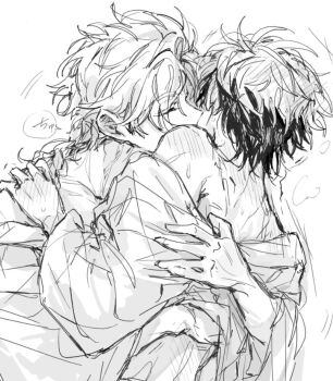 2boys anal bare_shoulders bathrobe blush body_blush braid braided_ponytail breath closed_eyes commentary_request greyscale hand_under_clothes hug implied_sex kiss kissing_cheek long_hair male_focus monochrome multicolored_hair multiple_boys off_shoulder open_clothes open_robe robe sex shiguang_dailiren short_hair single_braid sketch speech_bubble sweat two-tone_hair tyoookozuki white_background xia_fei xiao_weiying yaoi