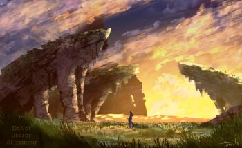 1boy artist_name dawn field highres holding holding_sword holding_weapon horizon in-universe_location male_focus on_grass outdoors scenery shulk_(xenoblade) solo standing sword toosut0 twitter_username weapon xenoblade_chronicles_(series) xenoblade_chronicles_1