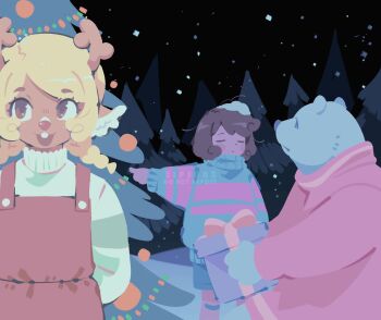 Rule 34 | animal ears, antlers, bear ears, blonde hair, blue shorts, blue sweater, box, braid, brown hair, closed eyes, commentary, deer antlers, deer ears, deer girl, english commentary, frisk (undertale), gift, gift bear, gift box, highres, holding, holding gift, horns, long hair, noelle holiday, open mouth, overalls, pointing, red overalls, short hair, shorts, smile, snow, snow on head, snowing, sweater, turtleneck, turtleneck sweater, twin braids, undertale, utdr (toby fox), white sweater, zipsunz