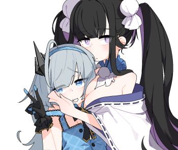 2girls ahoge ahoge_wag animated animated_gif black_gloves black_hair black_ribbon blue_dress blue_eyes blue_hairband breast_press breasts caressing_cheek chitose_(stella_sora) closed_mouth commentary_request detached_collar dress dthmns expressionless expressive_hair extra_pupils fang female_tyrant_(stella_sora) frilled_gloves frills gloves grey_hair hair_ornament hairband japanese_clothes jewelry key key_necklace kimono korean_commentary large_breasts long_hair multicolored_hair multiple_girls neck_ribbon necklace official_alternate_costume official_alternate_hairstyle open_mouth purple_eyes purple_hair ribbon simple_background skin_fang sleeveless sleeveless_dress smile stella_sora streaked_hair twintails tyrant_(stella_sora) upper_body v very_long_hair white_background white_kimono yuri