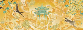 animal architecture bird branch brown_bird brown_feathers brown_fur building canada_goose chinese_text city colored_smoke copyright_request dog east_asian_architecture feathers fish flying food fruit goose highres huaepiphany jar koi limited_palette mandala mask mountain mountainous_horizon orange_(fruit) pagoda people running scroll silhouette sky skyscraper smoke star_(sky) star_(symbol) starry_sky wolf yellow_background yellow_sky yellow_theme