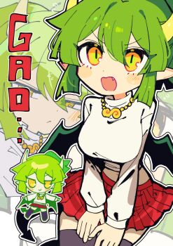 ... 1girl :&gt; :&lt; alternate_costume black_thighhighs blush breasts chibi closed_mouth different_zoom_layer dot_nose double-parted_bangs draco_centauros dragon_girl dragon_horn dragon_tail dragon_wings fang flying_sweatdrops gold_necklace green_hair hair_between_eyes highres jewelry jewelry_request large_breasts long_sleeves looking_to_the_side multiple_views necklace offbeat open_mouth outline pleated_skirt ponytail puyopuyo red_skirt romaji_text seiza shirt short_hair sitting skirt slit_pupils smile squinting sweatdrop tail thighhighs v-shaped_eyebrows white_outline white_shirt wings yellow_eyes zettai_ryouiki