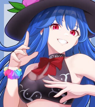 armpits black_hat blue_hair bra breasts cleavage commentary_request duplicate food fruit fruit_hat_ornament hat highres hinanawi_tenshi kisaragi_koushi leaf long_hair midriff peach peach_hat_ornament pixel-perfect_duplicate pointing pointing_up rainbow_order red_eyes see-through_clothes smile touhou underwear