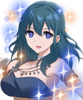 1girl aqua_hair armlet bare_shoulders blue_eyes breasts cleavage collarbone commentary dancer_(fire_emblem:_three_houses) female_byleth_(fire_emblem) fire_emblem fire_emblem:_three_houses jewelry kakiko210 long_hair nintendo open_mouth solo sparkle sparkling_aura upper_body
