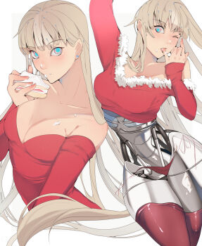 Rule 34 | 1girl, absurdres, bikini, blonde hair, blue eyes, blue pupils, blush, breasts, cake, cleavage, commentary request, cream, cream on body, cream on face, crop top, earrings, eating, ecomoesty, fingernails, food, food on face, fruit, fur-trimmed shirt, fur trim, highres, jewelry, licking, licking finger, long hair, long sleeves, looking at viewer, mechabare, medium breasts, multicolored eyes, multiple views, one eye closed, original, pink eyes, red nails, red shirt, red thighhighs, shirt, side-tie bikini bottom, simple background, solo focus, straight hair, strawberry, string bikini, stud earrings, swimsuit, thighhighs, two-tone eyes, white background