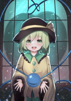 1girl black_hat boss9331 buttons collared_shirt commentary_request diamond_button eyeball frilled_shirt_collar frilled_sleeves frills green_eyes green_hair green_skirt hat hat_ribbon heart heart_of_string highres komeiji_koishi long_sleeves looking_at_viewer open_mouth ribbon shirt skirt smile solo teeth third_eye touhou upper_teeth_only wide_sleeves yellow_ribbon yellow_shirt
