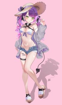 1girl bikini blue_shorts breasts cleavage commentary_request demon_tail denim denim_shorts full_body green_eyes grey_jacket hair_ornament hairclip hat highres hololive jacket kurusu_rei leg_tattoo long_hair open_clothes open_jacket parted_lips pink_background purple_hair sandals short_shorts shorts simple_background small_breasts solo sun_hat swimsuit tail tattoo toes tokoyami_towa twitter_username virtual_youtuber white_bikini winged_heart winged_heart_tattoo x_hair_ornament
