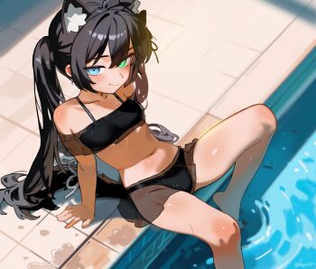 1girl absurdres animal_ear_fluff animal_ears barefoot bikini black_bikini black_hair blue_eyes blush cat_ears cat_girl cat_tail closed_mouth collarbone commentary english_commentary green_eyes hepari heterochromia highres long_hair looking_at_viewer navel off-shoulder_bikini off_shoulder original poolside sitting smile soaking_feet solo swimsuit tail twintails twitter_username water