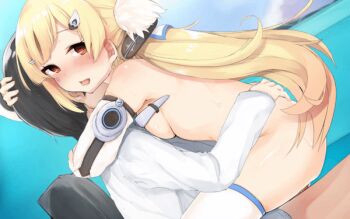 1boy 1girl ahoge animated animated_gif azur_lane black_hair blinking blonde_hair blush closed_eyes clothed_male_nude_female commander_(azur_lane) commentary commentary_request detached_sleeves eldridge_(azur_lane) girl_on_top hair_ornament hand_on_another's_head happy_sex hetero huge_filesize long_hair long_sleeves neet_co. nude open_mouth partial_commentary penis red_eyes sex sitting straddling thighhighs ugoira upright_straddle white_thighhighs
