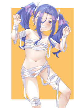 1girl :d bandages blush border breasts convenient_censoring cowboy_shot curtained_hair grin hair_ribbon halloween_costume hands_up highres leg_up loli long_hair looking_at_viewer melty_q_melromarc messy_hair mummy_costume naked_bandage navel nekokyun open_mouth outside_border outstretched_arms paid_reward_available purple_eyes purple_hair ribbon sidelocks small_breasts smile solo tate_no_yuusha_no_nariagari twintails white_border white_ribbon yellow_background zombie_pose