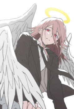 1boy angel_devil_(chainsaw_man) angel_wings black_jacket black_necktie chainsaw_man closed_mouth collared_shirt eyes_visible_through_hair feathered_wings formal_clothes from_below hair_between_eyes halo highres jacket long_hair looking_at_viewer male_focus necktie open_clothes open_jacket pink_hair pom_link red_eyes shirt simple_background solo suit suit_jacket traditional_halo upper_body white_background white_shirt white_wings wings