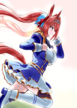 1girl absurdres animal_ears black_thighhighs blue_jacket blue_skirt blush boots bow breasts brown_hair center_frills closed_mouth daiwa_scarlet_(peak_blue)_(umamusume) daiwa_scarlet_(umamusume) epaulettes framed_breasts frills from_side hair_between_eyes hair_intakes highres horse_ears horse_girl horse_tail hungry_pepe jacket large_breasts layered_legwear layered_skirt long_hair long_sleeves red_eyes shirt skirt smile solo tail thigh_boots thighhighs tiara twintails umamusume very_long_hair white_boots white_shirt