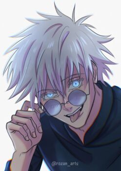 1boy alt_text blue_eyes chromatic_aberration commentary english_commentary glasses gojou_satoru highres jujutsu_kaisen male_focus open_mouth portrait rozan_arts smile solo tongue tongue_out twitter_username watermark white_hair
