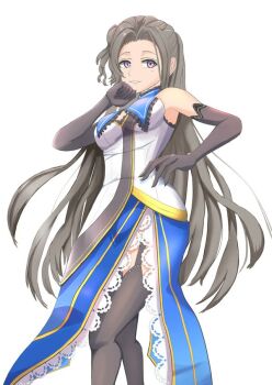 1girl brown_hair curtained_hair detached_sleeves dress eiyuu_densetsu long_hair mole mole_under_eye sen_no_kiseki_(series) simple_background sirakaba324 thighhighs vita_clotilde white_dress witch