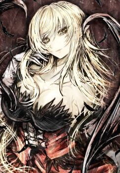 1girl arm_at_side black_feathers black_ribbon blonde_hair breasts center_frills closed_mouth clothes_lift collarbone demon_wings elbow_gloves falling_feathers feather-trimmed_shirt feathers frills gloves hair_between_eyes hair_ribbon hand_on_own_cheek hand_on_own_face hand_up head_tilt highres kiss-shot_acerola-orion_heart-under-blade large_breasts lips long_hair long_skirt looking_at_viewer mature_female monogatari_(series) oshino_shinobu pointy_ears red_background red_shirt red_skirt ribbon ringed_eyes shirt skirt skirt_lift slit_pupils solo strapless strapless_shirt tsukihi_shida upper_body vampire very_long_hair white_gloves wings