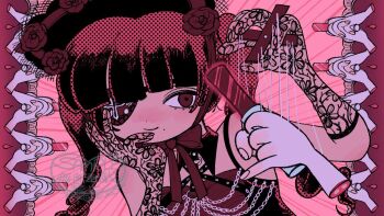 1girl blood bonnet chain chest_harness chin_strap cross detached_collar disembodied_hand eyepatch gloves glowstick hand_on_own_face harness heart heart_eyepatch holding holding_glowstick lace lace_gloves limited_palette long_hair mole mole_under_mouth necromatic_enma-chan official_art penlight_(glowstick) puppet_strings red_eyes red_theme ringlets screentones severed_hand severed_limb smile tansaiboooo twintails upper_body