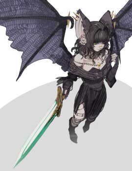 1girl absurdres animal_ear_fluff animal_ear_piercing animal_ears bare_shoulders bat_ears bat_girl bat_wings black_dress black_hair black_nails breasts cleavage closed_mouth commentary dark_souls_(series) dark_souls_ii dress english_commentary full_body gem highres holding holding_sword holding_weapon long_hair long_sleeves monster_girl moonlight_greatsword original simple_background small_breasts solo sword tomatolover16 weapon white_background wings yellow_eyes yellow_gem zullie_(youtube)