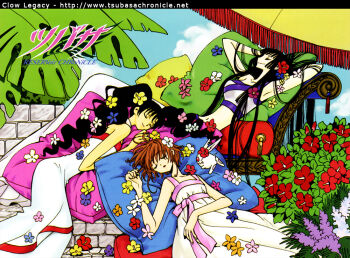 00s 3girls blunt_bangs clamp flower hime_cut ichihara_yuuko kunogi_himawari mokona multiple_girls pillow sakura_hime sleeping tsubasa_chronicle xxxholic