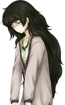 1girl blunt_bangs brown_jacket collar collarbone crossed_arms false_smile flat_chest game_cg green_collar green_eyes green_hair green_trim hiyajou_maho huke jacket jacket_over_dress long_hair messy_hair narrowed_eyes non-web_source official_art partially_shaded_face science_adventure slouching smile solo sprite steins;gate steins;gate_0 transparent_background very_long_hair