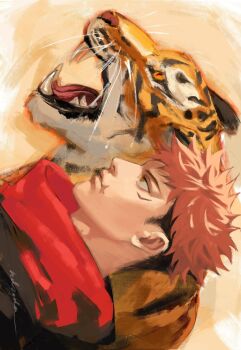 Rule 34 | 1boy, animal, commentary, from side, highres, itadori yuuji, jujutsu kaisen, male focus, ndsoda, pink hair, red scarf, scar, scar on face, scarf, short hair, sideways, signature, solo, symbol-only commentary, tiger