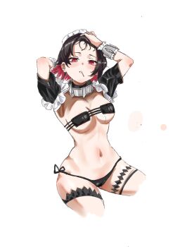 alternate_costume artist_request bikini black_bikini blush candy commentary ellen_joe english_commentary food hands_on_own_head highres lollipop navel red_eyes swimsuit white_background zenless_zone_zero