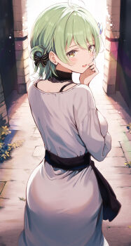 1girl alley ass black_sash bra_strap commentary_request cowboy_shot day dress fingernails from_behind green_hair highres komone_ushio looking_at_viewer looking_back open_mouth original outdoors sash short_hair solo standing turning_head white_dress yellow_eyes