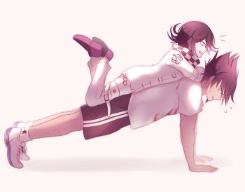 2boys blush checkered_clothes checkered_scarf commentary crossed_ankles crossed_arms danganronpa_(series) danganronpa_v3:_killing_harmony exercising facial_hair flipped_hair from_side full_body goatee gym_uniform hair_between_eyes highres long_sleeves lying_on_person male_focus momota_kaito multiple_boys oma_kokichi profile purple_eyes purple_facial_hair purple_hair push-ups scarf shirt shoes short_hair shorts sit-up sitting sitting_on_person size_difference smile sneakers spiked_hair sweat sweatdrop t-shirt thigh_strap tokilos white_background yaoi