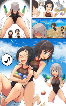 Rule 34 | > <, 3girls, angry, ass, barefoot, beach, black hair, blue eyes, brown hair, closed eyes, cooler, from below, girls und panzer, glasses, hida ema, highres, holding, holding water gun, itsumi erika, katsuya megu, kitayama miuki, laughing, medium hair, motion lines, multiple girls, musical note, one-piece swimsuit, semi-transparent, short hair, spoken musical note, spoken object, swimsuit, teeth, upper teeth only, water balloon, water gun