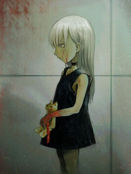 1girl black_dress blood blood_on_face blood_on_hands choker commentary_request dress entrails expressionless flat_chest grey_hair guro highres holding holding_stuffed_toy long_hair looking_to_the_side organs original profile stuffed_toy yutazo_028