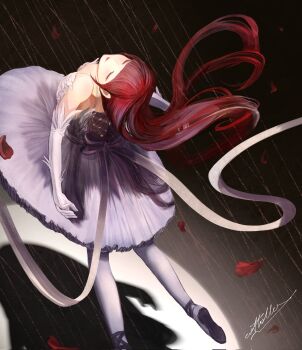 1girl arched_back artist_name ballerina ballet ballet_slippers closed_eyes cottolla dancing dark_background dress elbow_gloves foot_out_of_frame from_above gloves highres long_hair original pantyhose red_hair red_lips shadow signature solo spotlight tutu very_long_hair white_dress white_gloves white_pantyhose