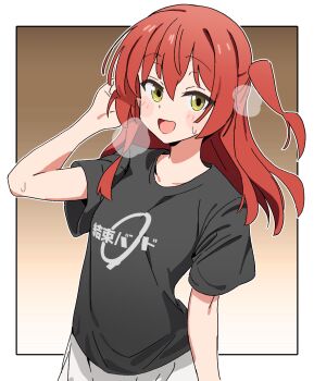 Rule 34 | 1girl, :d, bare arms, black shirt, blush stickers, bocchi the rock!, border, breath, brown background, collarbone, commentary, gradient background, hair between eyes, hand up, highres, kessoku band t-shirt, kita ikuyo, long hair, looking at viewer, noyama takenoko, one side up, open mouth, outside border, red hair, shirt, short sleeves, simple background, smile, solo, sweat, t-shirt, white border, yellow eyes