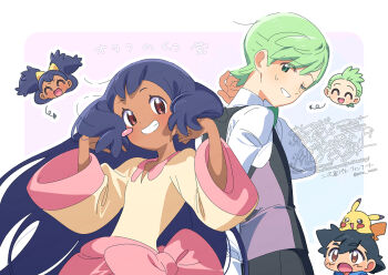 Rule 34 | 1girl, 2boys, :o, alternate hairstyle, ash ketchum, black hair, brown eyes, cilan (pokemon), dark-skinned female, dark skin, gen 1 pokemon, green eyes, green hair, hair down, iris (pokemon), long hair, long sleeves, looking at viewer, multiple boys, nintendo, on head, one eye closed, pikachu, pokemon, pokemon (anime), pokemon (creature), pokemon bw (anime), pokemon on head, purple hair, red eyes, serizawa serizane, shirt, short hair, smile, sweatdrop, teeth, translation request, very long hair, vest, white shirt, wide sleeves, yellow shirt