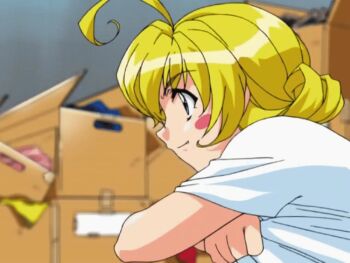 00s 1girl animated animated_gif blonde_hair blurry blurry_foreground blush blush_stickers bouncing_breasts box breasts clothes_lift cosplay_complex female_focus indoors jenny_matel large_breasts lifting_own_clothes nipples no_bra shirt_lift short_hair solo undressing