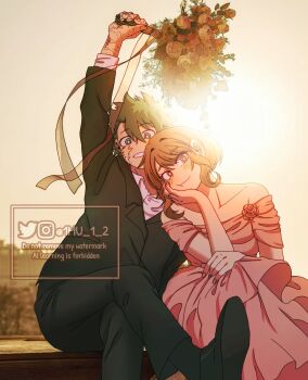 Rule 34 | 1boy, 1girl, bare shoulders, black jacket, black pants, black shoes, black socks, black suit, blurry, blurry background, boku no hero academia, bouquet, brown eyes, brown hair, closed mouth, collared shirt, couple, dress, dress flower, facial scar, flower, formal clothes, green eyes, green hair, hair between eyes, hashtag-only commentary, head on hand, hetero, highres, holding, holding bouquet, instagram username, jacket, jewelry, light blush, long dress, midoriya izuku, mu 1 2, multiple scars, off-shoulder dress, off shoulder, pants, parted lips, pink dress, pink shirt, ring, scar, scar on arm, scar on cheek, scar on face, scar on hand, shirt, shoes, short hair, sitting, smile, socks, suit, suit jacket, sunlight, twitter username, uraraka ochako
