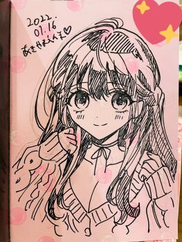 Rule 34 | 1girl, akiyama enma, blush, breasts, cleavage, closed mouth, commentary request, dated, graphite (medium), greyscale, hands up, highres, kimi ni koisuru satsujinki, long hair, long sleeves, looking at viewer, monochrome, neck ribbon, ootsuka rihito, ribbon, sleeves past wrists, smile, solo, sweater, traditional media