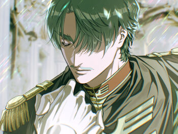 2boys blurry blurry_background challia_bull char_aznable chromatic_aberration closed_eyes closed_mouth commentary_request epaulettes expressionless facial_hair gloves gundam gundam_gquuuuuux hair_over_one_eye halcyon_(gugfuggugfug) high_collar highres holding_hands male_focus military_rank_insignia military_uniform multiple_boys mustache science_fiction short_hair solo_focus white_gloves yaoi zeon