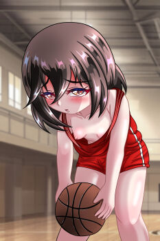 1girl ball basketball basketball_(object) blush breasts brown_eyes brown_hair ceiling chapio collarbone embarrassed exhibitionism gym holding holding_ball leaning_forward looking_at_viewer nipples open_mouth original public_indecency red_shirt red_shorts rui_(chapio) shirt short_hair shorts small_breasts standing strap_slip tank_top window