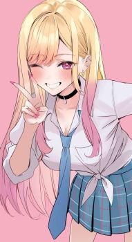1girl blonde_hair blue_skirt blush breasts cleavage ear_piercing earrings grin gyaru highres jewelry kitagawa_marin long_hair looking_at_viewer multicolored_hair nakano_kura one_eye_closed piercing pink_eyes pink_hair school_uniform shirt sidelocks skirt smile solo sono_bisque_doll_wa_koi_wo_suru tied_shirt two-tone_hair v white_shirt